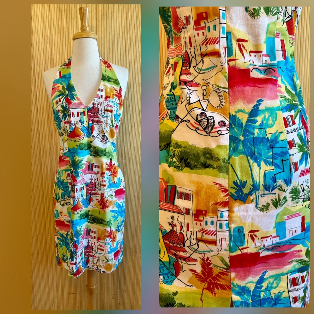 1990’s Jessica Howard Fancy Vacation Print Halter Dress